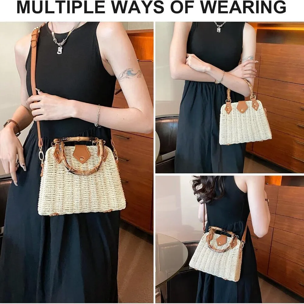 Straw Purses for Women Trendy Summer Woven Tote Bag Straw Basket Crossbody Wicke - Picture 2 of 7